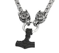 TQWSVUM Mythologie Nordique Loup Celtique Mjolnir Collier - Tête de Loup Irlandais en Acier Inoxydable Marteau Thor's Pendentif Amulette - Hommes Viking King Chain Celtic Pagan Jewelry