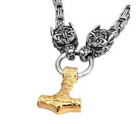 TQWSVUM Mythologie Nordique Loup Celtique Mjolnir Collier - Tête de Loup Irlandais en Acier Inoxydable Marteau Thor's Pendentif Amulette - Hommes Viking King Chain Celtic Pagan Jewelry