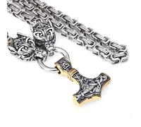 TQWSVUM Mythologie Nordique Viking Mjolnir Collier pour Homme - Tête de Loup avec Pendentif Marteau de Thor Acier Inoxydable King Chain - Fait À la Main Vintage Heavy Chunky Chain Pagan Jewelry