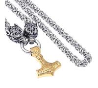 TQWSVUM Mythologie Nordique Viking Mjolnir Collier pour Homme - Tête de Loup avec Pendentif Marteau de Thor Acier Inoxydable King Chain - Fait À la Main Vintage Heavy Chunky Chain Pagan Jewelry