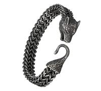TQWSVUM Nordic Viking Odin Wolf Casque Tête, Bracelet de Chaîne en Maille en Acier Inoxydable for Hommes, Gothique Médiéval Vintage Fenrir Manchette Bangle Amulette Bijoux Cadeau de Noël