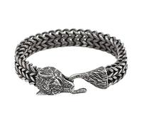 TQWSVUM Norse Viking Wolf Head Fenrir Bracelet, Hommes Acier Inoxydable Loup Tête Maille Chaîne Manchette Bracelet, Mode Hip Hop Vintage Pagan Amulette Bijoux Scandinaves