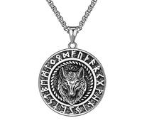 TQWSVUM Norse Viking Wolf Rune Pendentif Collier - Hommes/Femmes en Acier Inoxydable Fenrir Wolf Head Amulet - Pagan Fashion Vintage Boussole Vegvisir Totem Bijoux Cadeau