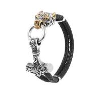TQWSVUM Tête de Loup Viking pour Hommes avec Pendentif Mjolnir Tresse Bracelet en Cuir - Nordique en Acier Inoxydable Noeud Celtique Marteau de Thor's Double Couche en Cuir Corde Bracelet Bijoux