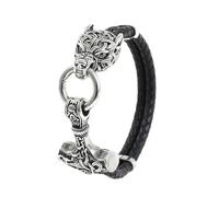 TQWSVUM Tête de Loup Viking pour Hommes avec Pendentif Mjolnir Tresse Bracelet en Cuir - Nordique en Acier Inoxydable Noeud Celtique Marteau de Thor's Double Couche en Cuir Corde Bracelet Bijoux