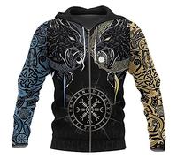 TQWSVUM Veste À Capuche Zippée pour Hommes de Mythologie Nordique, Sweat-Shirt Viking Rune Odin Wolf Fenrir Tatouages, Pull À Capuche À Manches Longues Style Harajuku de Grande Taille