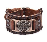 TQWSVUM Viking Boussole Vegvisir Bracelet en Cuir pour Homme, Vintage Corde Tressée Boucle Bras Manchette Bracelet, Médiéval Futhark Celtique Païen Amulette Nordique Bijoux