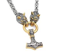 TQWSVUM Viking Thor's Marteau Mjolnir Pendentif Double Couleur Tête de Loup Collier, Chaîne de Roi Byzantin en Acier Inoxydable pour Hommes, Mythologie Nordique Odin Fenrir Crow Totem Bijoux