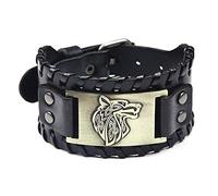 TQWSVUM Viking Wolf Fenrir Bracelet en Cuir - Nordic Odin Celtic Wolf Metal Amulet Wide Braided Wristband - Bracelet de Manchette Ajustable Gothique Vintage pour Hommes Et Femmes