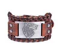 TQWSVUM Viking Wolf Fenrir Bracelet en Cuir - Nordic Odin Celtic Wolf Metal Amulet Wide Braided Wristband - Bracelet de Manchette Ajustable Gothique Vintage pour Hommes Et Femmes