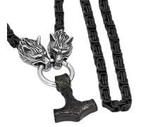 TQWSVUM Viking Wolf Head Black King Chain Mjolnir Collier - Pendentif Odin Celtique en Acier Inoxydable pour Homme - Bijoux D'amulette Païenne Nordique Vintage Faits À la Main