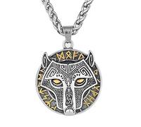 TQWSVUM Viking Wolf Head Runes Collier pour Hommes Femmes, Amulette Suspendue Odin Fenrir Double Couleur en Acier Inoxydable, Mythe Nordique Nœud Celtique Totem Vintage Bijoux D’Animaux