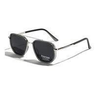 TR90 Lunettes de soleil polarisées rétro carré plat double pont plein cadre UV400, Argenté/noir