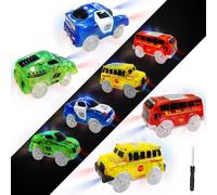 Tracks Cars, 4 Pièces Toy Magic Car, Mini Voitures Phosphorescentes dans Le Noir, Voiture de Police, Bus, Bus Scolaire, Voiture de Sport avec 5 Lumières Clignotantes LED, Voiture Jouet pour Enfants