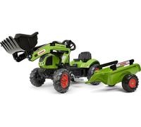 FALK - Tractopelle à pédales Claas avec et remorque - Dès 2 ans - Fabriqué en France - Pelle frontale articulée - volant directionnel avec klaxon - 2040AM, Vert