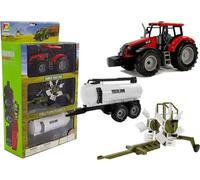 Tracteur avec remorque, râteau et camion-citerne rouge