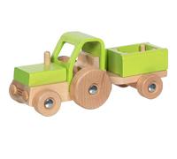 goki Tracteur avec remorque 55838 – Véhicule coulissant en bois, remorque amovible – Vert