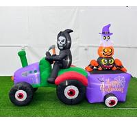Tracteur de tracteur gonflable d'Halloween de 2,1 m de long avec éclairage LED pour décoration de cour fantôme, citrouille, araignée, pelouse, jardin, ferme, tracteur, décoration géante effrayante
