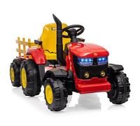Tracteur Électrique Enfants avec Remorque Amovible Double Moteur 35W, Voiture Électrique 12V à 6 Pneus avec Télécommande, Musique, 3 Vitesses, Phares à 7 LED, Klaxon (Rouge Version améliorée)