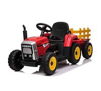Tracteur électrique Workers avec remorque, Rouge, Traction arrière, Batterie 12V, Roues Plastique, siège Large, télécommande 2,4 GHz, Lecteur MP3 avec entrée USB +Bluetooth, lumières LED