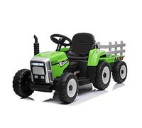 Tracteur électrique Workers avec remorque, Vert, Traction arrière, Batterie 12V, Roues Plastique, Large siège, télécommande 2,4 GHz, Lecteur MP3 avec entrée USB + Bluetooth, lumières LED