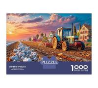 Tracteur labourant Un Champ Puzzle DIY Puzzle 1000 Pièces Carton Extra-Épais Paysage du Coucher de Soleil en Campagne pour Famille, Jeu Amusant Stimulant, Belle Décoration Murale, 52x38cm/1000pcs