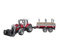 Bruder Tracteur MASSEY FERGUSON 7480 avec fourche et remorque de transport de bois