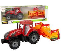 Tracteur rouge avec cultivateur orange