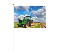 Tracteur sous ciel bleu et nuages blancs Drapeau double face à manivelle 14 x 20,8 cm, utilisé pour la décoration de fête de vacances, les compétitions