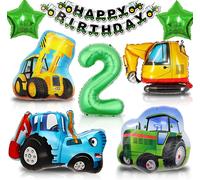 Tractor Birthday Balloon Kit For Boys 2 Years, Decoration Xxl Aluminium Balloons, Green Blue, Party Decoration For Children Boys (Tractor Birthday Balloon 2 Years)