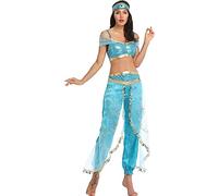 TRACYCY Déguisement Princesse Jasmine Femme Cosplay Aladdin Jasmine Princesse Haut et Pantalon avec Coiffe 3 Pièces Set Latine Baladi Costume pour Adulte Halloween Noël Carnaval Anniversaire Fête