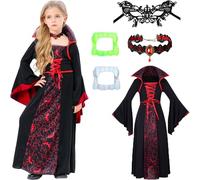 TRACYCY Déguisement Vampire Fille Cosplay Vampire Reine Maléfique Sorcière Médiéval Gothique Vintage Robe avec Collier et Dentier Halloween Carnaval Anniversaire Fête Costume pour Enfant Cadeaux