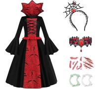 TRACYCY Déguisement Vampire Fille, Médiéval Vintage Vampire Reine Sorcière Démon Manche Longue Col Montant Robe avec Accessoires Set pour Enfant Halloween Carnaval Fête Mascarade Robe de Bal, 5-14 ans