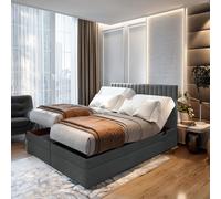 TRADA Adele Lit Boxspring 140x200 Réglable électriquement Matelas double à ressorts ensachés 9 zones Topper Lit avec coffre de lit Velours Tissu Gris foncé