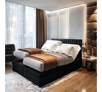 TRADA Adele Lit Boxspring 140x200 Réglable électriquement Matelas double à ressorts ensachés 9 zones Topper Lit avec coffre de lit Velours Tissu Noir