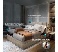 TRADA Adele Lit Boxspring 140x200 Réglable électriquement Matelas double à ressorts ensachés 9 zones Topper Lit avec coffre de lit Velours Tissu Beige