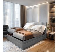 TRADA Adele Lit Boxspring 140x200 Réglable électriquement Matelas double à ressorts ensachés 9 zones Topper Lit avec coffre de lit Velours Tissu Gris