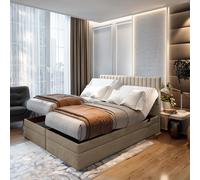 TRADA Adele Lit Boxspring 180x200 Réglable électriquement Matelas double à ressorts ensachés 9 zones Topper Lit avec coffre de lit Velours Tissu Beige