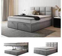 Lit adulte rembourré TROPEA avec rangement et matelas ressorts ensachés 160x200 gris clair