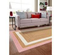 Trademoon Tapis en jute naturelle tressée à la main - Réversible et durable - Tapis bohème rustique pour salon, salle à manger et chambre à coucher - 6,1 x 4,2 m - Rose et blanc