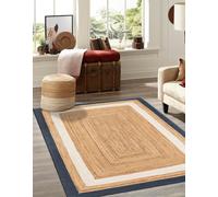 Trademoon Tapis en jute tissé à la main, 2,4 x 2,4 m, bleu marine et blanc avec beige