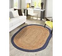 Trademoon Tapis ovale en jute naturelle tressé à la main - Style bohème chic - Décoration rustique pour salon, salle à manger et chambre à coucher - Bleu marine - 1,5 x 2,1 m