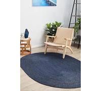 Trademoon Tapis ovale en jute naturelle tressé à la main - Style bohème chic - Décoration rustique pour salon, salle à manger et chambre à coucher - Bleu marine - 1,8 x 2,7 m