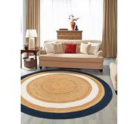Trademoon Tapis rond en jute naturelle tressée à la main - Réversible et durable - Tapis bohème rustique pour salon, salle à manger et chambre à coucher - 91 cm - Beige et bleu marine et blanc