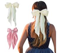 TRADERPLUS Lot de 2 barrettes à cheveux en satin doux et soyeux, Arcs à Cheveux Grand Pinces, Longue queue de ruban français pour femmes (Beige+ rose)