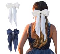 TRADERPLUS Lot de 2 barrettes à cheveux en satin doux et soyeux, Arcs à Cheveux Grand Pinces, Longue queue de ruban français pour femmes (Blanc+Bleu marine)