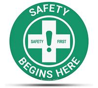 TRADESAFE Safety First Autocollant de sol antidérapant - Panneau de sol « Safety Begins Here », autocollant en vinyle, conforme à la norme ANSI, autocollant rond de 43,2 cm de diamètre