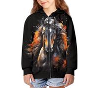 TradesForU JEOCODY Sweat à capuche zippé complet pour adolescents et filles, sweat à manches longues, imprimé cheval noir, M, Imprimé cheval noir, M