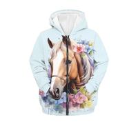 TradesForU Sweat à capuche zippé pour enfants, manches longues, décontracté, avec poche, pour garçons, filles, souris, fromage, adolescents, avec fermeture éclair, Fleurs de cheval, M