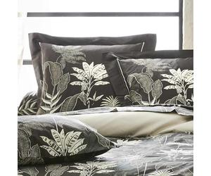Tradilinge - Taie d'oreiller en Satin aux Feuilles Tropicales Coton Gris Anthracite 65x65 cm